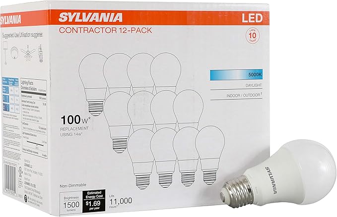 SYLVANIA LED A19 Light Bulb, 100W = 14W, Non-Dimmable, Frosted Finish, 1500 Lumens, 5000K, Daylight - 12 Pack (40205)