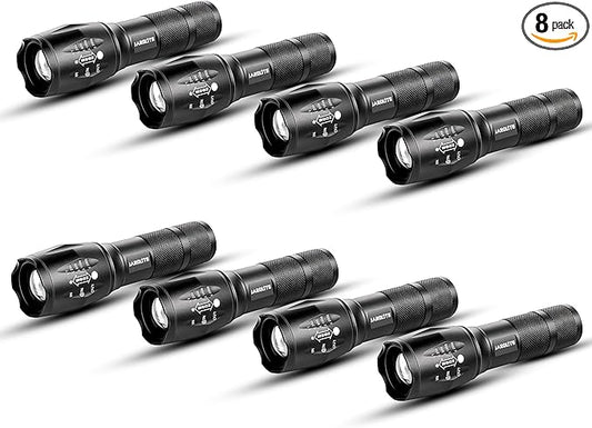 8 Pack LED Emergency Handheld Flashlight, Adjustable Focus, Water Resistant with 5 Modes, Best Tactical Torch for Hurricane, Camping, Dog Walking