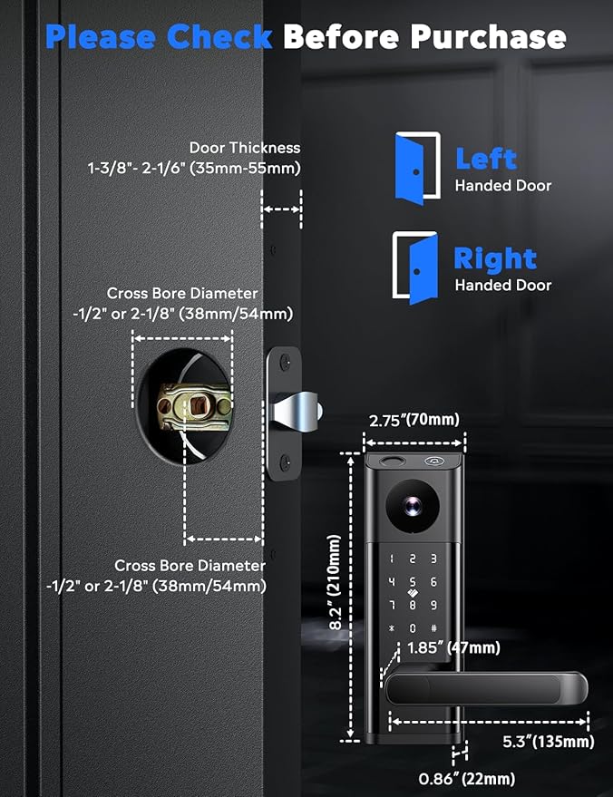 CAMCAMP Smart Lock with Camera & Doorbell, Built-in WiFi Camera Deadbolt Lock for Front Door, Keyless Entry Door Lock with Handle, Fingerprint, Keypad Code, App Control, Auto Lock