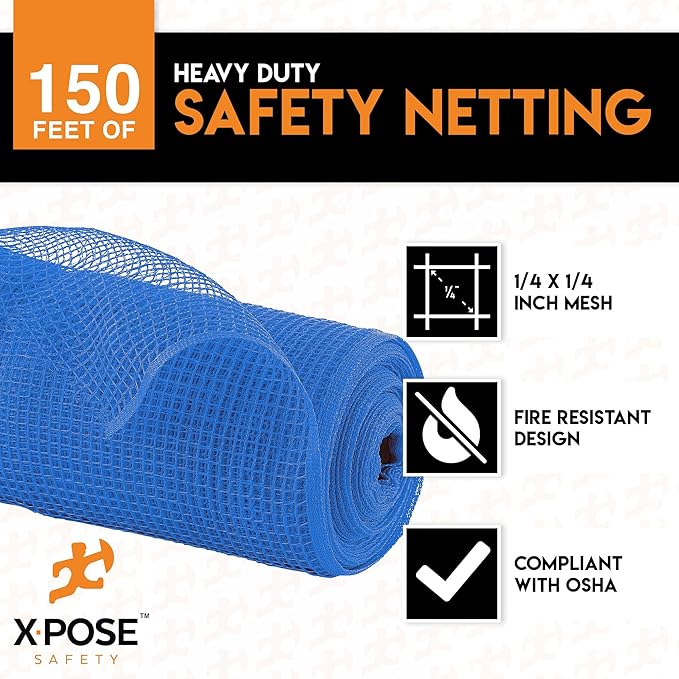 Construction Safety Debris Netting - 150 Ft Temporary Material Roll, 1/4" Mesh Scaffold Net Enclosure, Barricade, Visibility Barrier, Fencing Roll, Heavy Duty Fire Retardant 5.5 x 150 ft, Blue