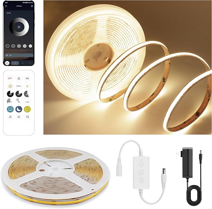 COB LED Strip Lights Warm White,24V Dimmable led Light Strip KIT with Remote and app Control,3000K 9.84FT/3m 8mm Wide Ra>90 Cuttable Flexible Strip Lights for Bedroom,TV Lights,Cabinet