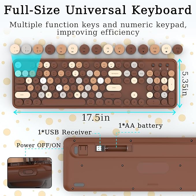 Wireless Bluetooth Keyboard, Retro Typewriter Style Keyboard, Full-Size with Round Keycaps, 2.4GHz Plug and Play Connection for Windows, Mac, Laptop, PC, Desktop (Coffee-Colorful)