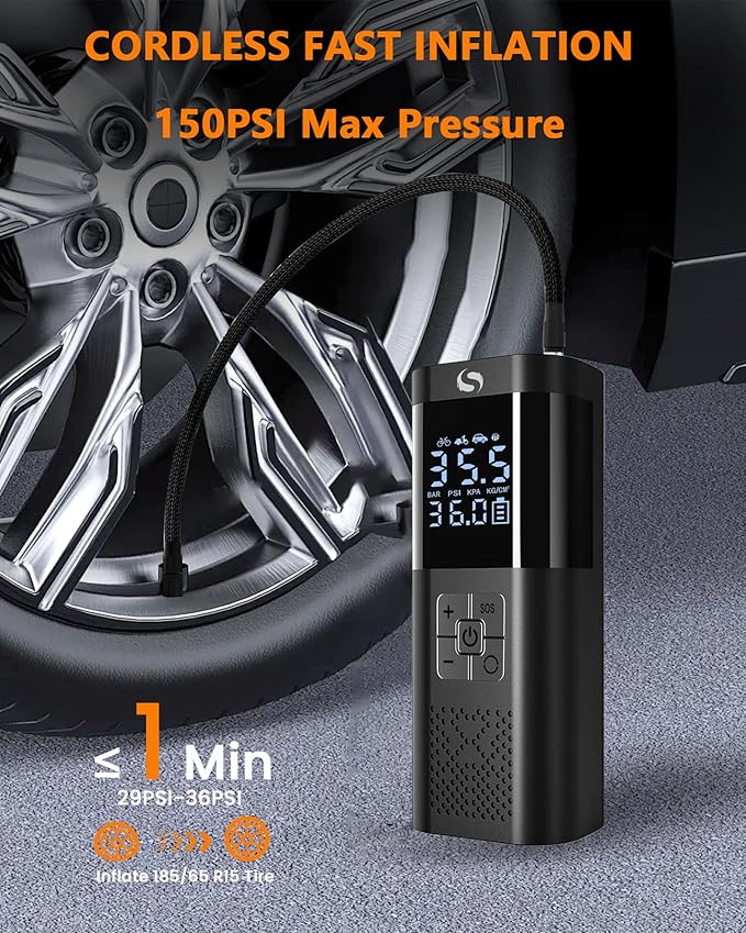 Tire Inflator Portable Air Compressor, Portable Air Pump with Pressure Gauge, Electric Tire Pump Battery 150PSI 12V DC, Cordless Tire Inflator with LED for Car Motorcycle Bicycle Ball