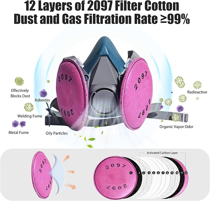 Reusable Painting Respirator Mask with 4 Pieces 2097 Filters - Half Face Gas Mask for Chemicals Spray Welding Epoxy Resin Dust Woodworking 6200 Blue