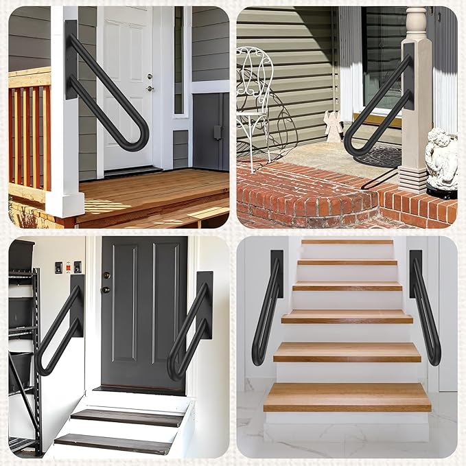 GORWARE Handrails for Outdoor Steps,24" U-Shaped Handrail Wall Mount with Matte Black Finished,1-3 Steps Railings,Safety Grab Bar for Outdoor Indoor Stairs, Garage, Porch, Toilet, Yard and Garden.