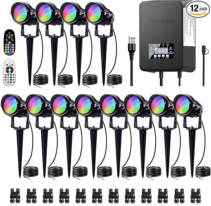 SUNVIE 12 Pack RGBW Color Changing Landscape Lights with 300W Low Voltage Landscape Transformer 12-24V LED Landscape Lighting Kit Waterproof Multicolor Spotlights for Christmas House Yard Tree Garden