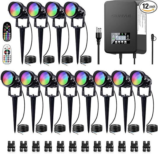 SUNVIE 12 Pack RGBW Color Changing Landscape Lights with 300W Low Voltage Landscape Transformer 12-24V LED Landscape Lighting Kit Waterproof Multicolor Spotlights for Christmas House Yard Tree Garden