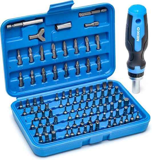 NEIKO 10082A Security Bit Set and Ratcheting Screwdriver | 101 Piece Set | Chrome Vanadium Steel | Screwdriver Bit Set Phillips, Tamperproof Torx Bits, & Flat | 1/4" Hex Shank Magnetic Bit Holder