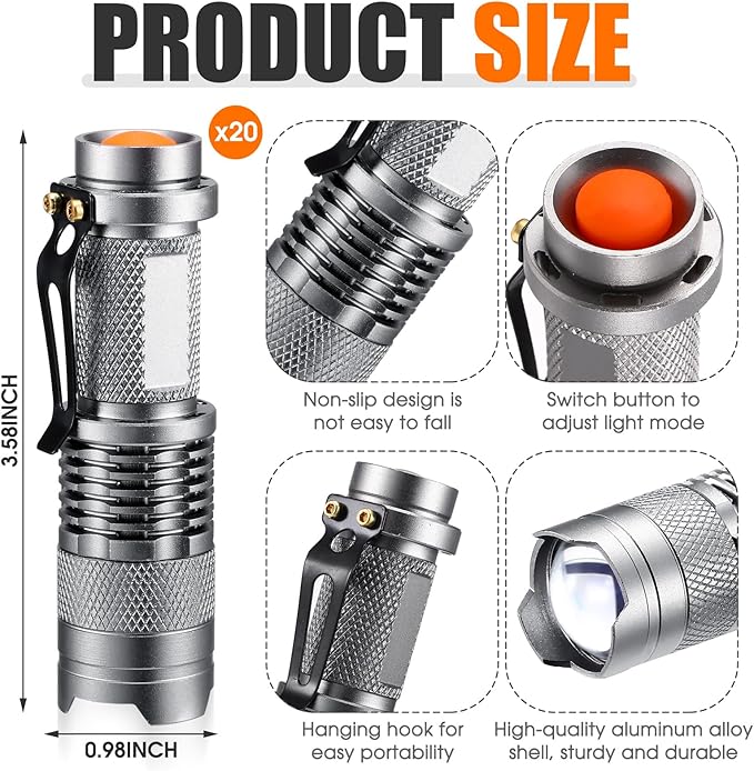 Fumete 20 Pieces LED Flashlight Mini 3 Mode Tactical Torch Small Water Resistant Pocket Flash Light Adjustable Focus Light Pen for Men, Father, Indoor Outdoor Hiking(Silver)
