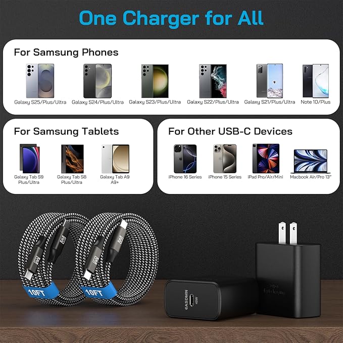 45W Super Fast Charger Type C, [2 Pack] 45 Watt USB-C Charger PD/PPS Wall Charging Block for Samsung Galaxy S25 Ultra/S25+/S25/S24/S23 Ultra/S23+/S22 Ultra/S22+/S20 Ultra, Tab S8(with 2X 10ft Cable)