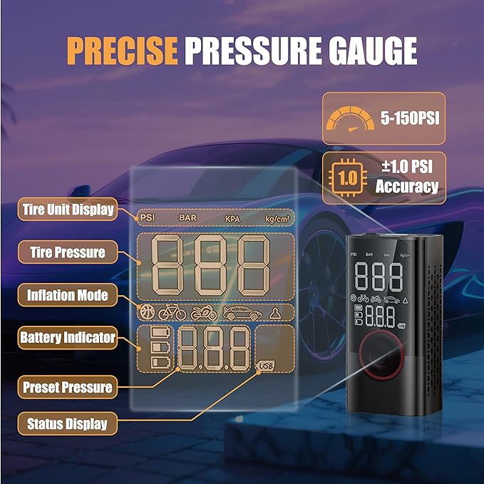 Tire Inflator Portable Air Compressor,150PSI Cordless Air Pump with Digital Pressure Gauge for Car, Bike，Motorcycle & Ball, Emergency LED Light and Auto Shut-Off, Car Accessories