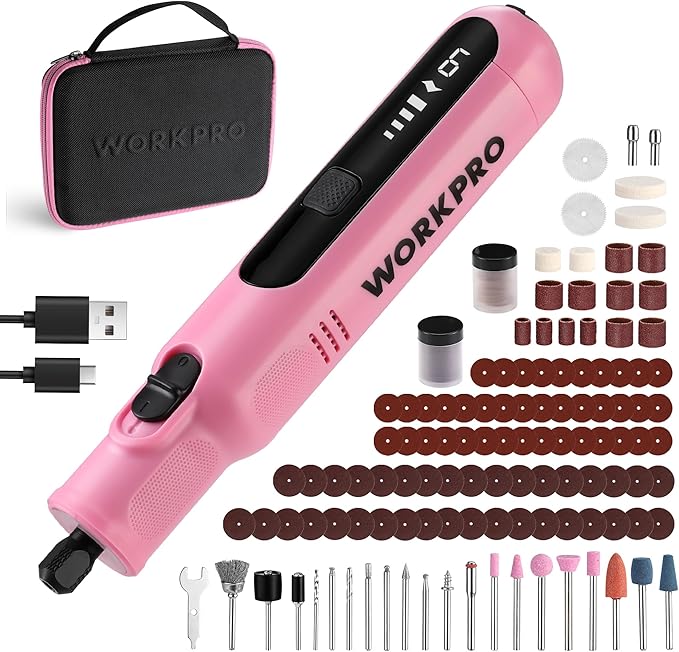 WORKPRO Cordless Rotary Tool, 8V Rotary Tool Kit with 117 Accessories, 6 Variable Speed, Type-C Charging, LED Work Light, Power Rotary Tool for Sanding, Polishing, Engraving, Cutting, DIY, Pink Ribbon