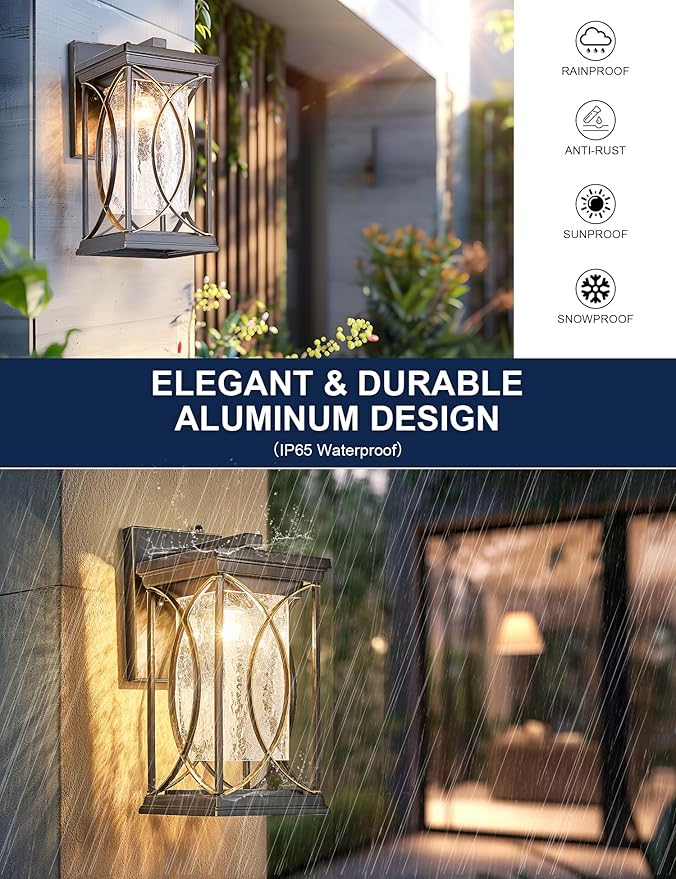 Dusk to Dawn Outdoor Wall Light Black with Gold Trim Modern Exterior Sconce Aluminum Waterproof Coach Light Fixture with Crack-Like Glass Outside Wall Lantern for House Garage Porch Lighting