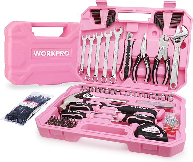 WORKPRO Pink Tool Set, 284 PCS Tool Kit for Women, Basic Household Pink Tool Box with Sockets, Pliers, Ratchet Handle, Portable Toolkit for Home Repair, New Apartment, House-Warming, DIY - Pink Ribbon