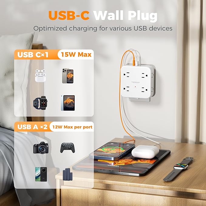 Multi Plug Outlet Extender, TESSAN Wall Surge Protector Plug Extender with 8 Sockets, Multiple Outlet Splitter with 3 USB Ports (1 USB C), Power Socket Expander with Switch for Home, Dorm, White