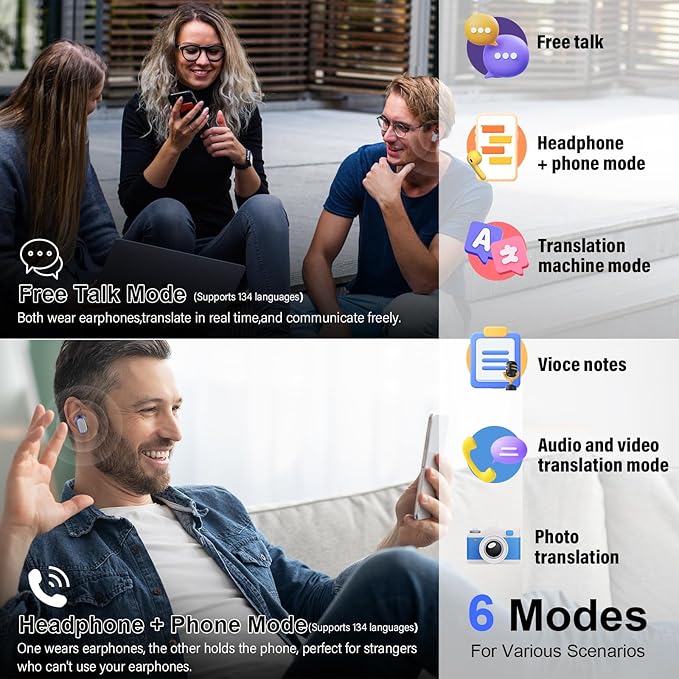 AI Language Translator Earbuds Real Time, 164 Language/6 Translation Modes Translator Earbuds 3-in-1 Translation Headphones, Bluetooth 5.4 Translation Device for Travel Business Learning, Blue