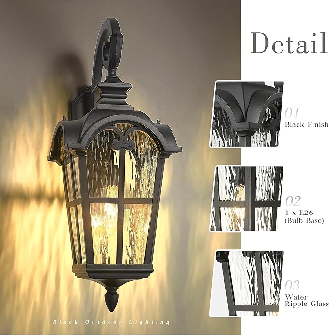 Emliviar 28.7" Black Outdoor Wall Sconce, Large Exterior Lantern Light Fixture with Die-Cast Aluminum & Water Ripple Glass, WE215BL-SW BK