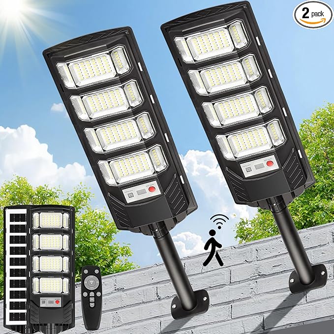 Solar Flood Lights Outdoor LED: 2 Pack Solar Street Lights Outdoor Waterproof Dusk to Dawn 12000 Lumen Solar Powered Wall Mount Lamp Motion Sensor Security Remote Control for Yard Parking Driveway