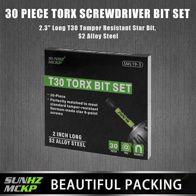 SUNHZMCKP Impact Torx Bits Set T30, 30 Pack Security Screwdriver Bit Set, S2 Alloy Steel Tamper Resistant Star Bits with 1/4” Hex-Shank, CNC Machined Tips Power Bits with Storage Box