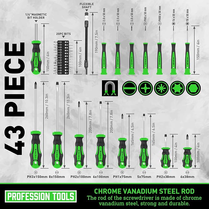 Magnetic Screwdrivers Set with Case, Amartisan 43-piece Includs Slotted, Phillips, Hex, Pozidriv,Torx and Precision Screwdriver Set, Magnetizer Demagnetizer Tools, Tools for Men (Green))