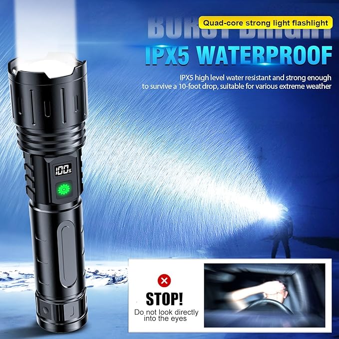 Rechargeable Flashlights High Lumens - 2000 Lumens Long Beam Super Bright LED Flash Light with Power Display & IPX5 Waterproof for Camping, 20H Runtime,5 Modes,Zoomable Handheld Flashlight,3pcs