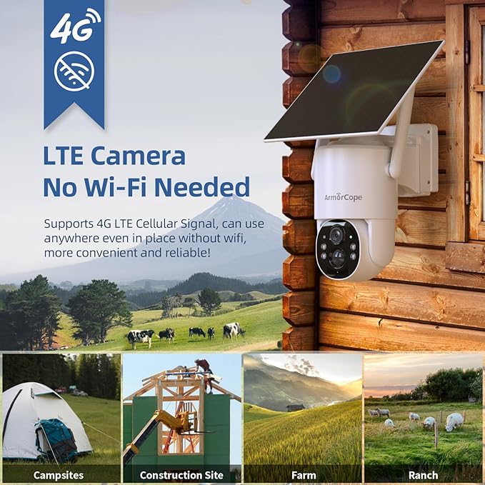 4G LTE Cellular Security Camera, No Wifi Security Camera, 2.5K Solar Camera Outdoor Wireless, 360° Live View, Spotlight Color Night Vision, Motion&Siren Alert, SD/Cloud Storage (SIM Card Included)