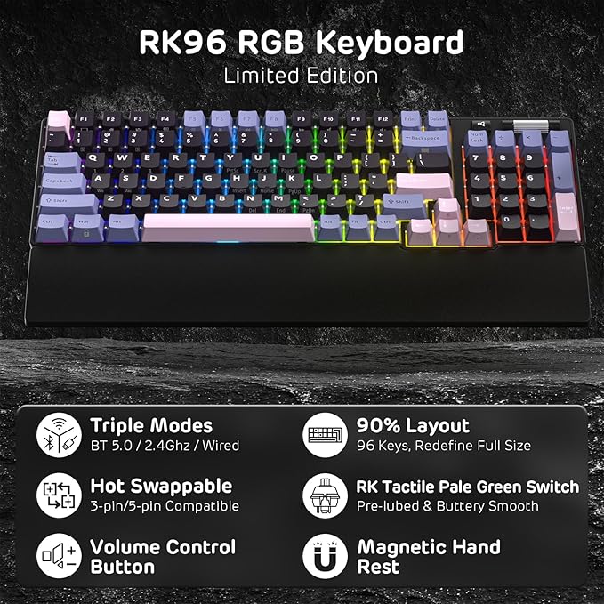 RK ROYAL KLUDGE RK96 RGB Limited Ed, 90% 96 Keys Wireless 3-Mode BT5.0/2.4G/USB-C Hot Swappable Mechanical Keyboard w/Wrist Rest, Volume Control, Software, Massive Battery, RK Pale Green Switch