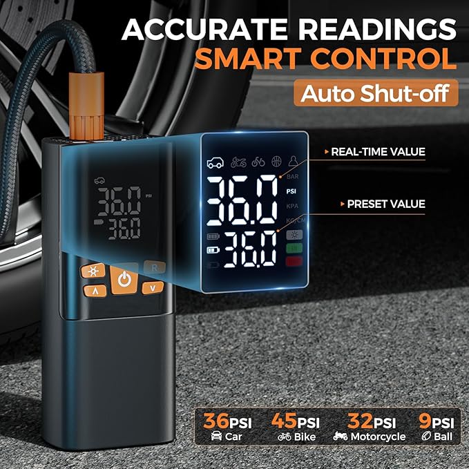 Tire Inflator Portable Air Compressor 150PSI - 10000mAh Cordless Pump with 12V DC Power & Auto Shut-off, Fast Inflation for Car, Motorcycle, Bike, Ball - Built-in LED Light