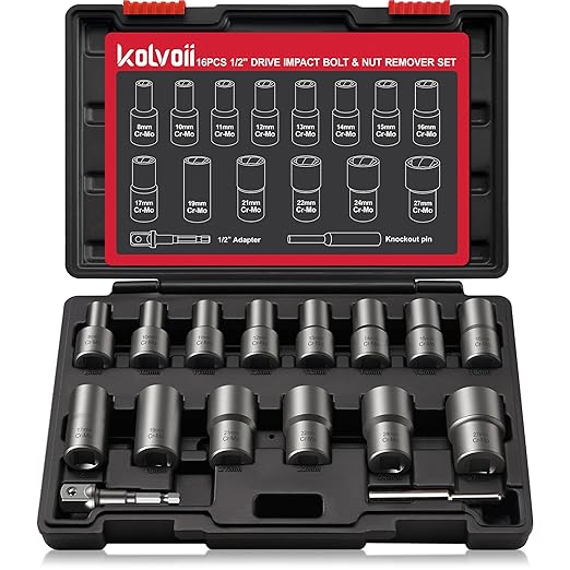 Kolvoii Deep Bolt Extractor Kit, 1/2" Drive Impact Bolt & Nut Remover Set, Lug Nut Removal Tool, 16 Pcs Stripped Extractor Socket Set for Removing Damaged, Rusted, Bolts, Nuts, Screws, 35#CR-MO