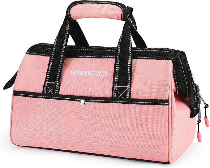 WORKPRO 13-Inch Tool Bag, Pink Soft Cloth Tool Storage Bags, Wide Mouth Tool Tote Bag with Inside Pockets - Pink Ribbon