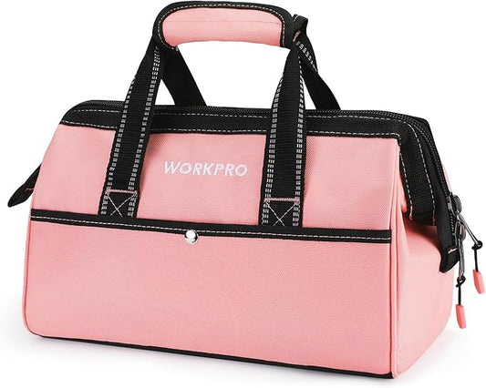 WORKPRO 13-Inch Tool Bag, Pink Soft Cloth Tool Storage Bags, Wide Mouth Tool Tote Bag with Inside Pockets - Pink Ribbon