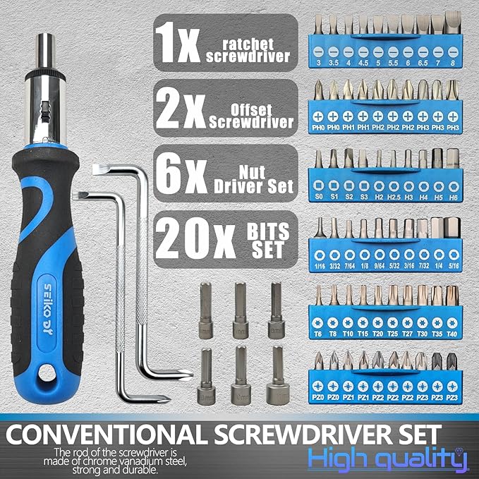 100-Piece Screwdriver Set with Storage Rack, Includes Slotted, Phillips, T-shaped, Z-shaped, Hex, Torx, Square, Precision, Ratchet Screwdriver or Bits, Nut Drivers, Ideal for Household Repair (Blue)