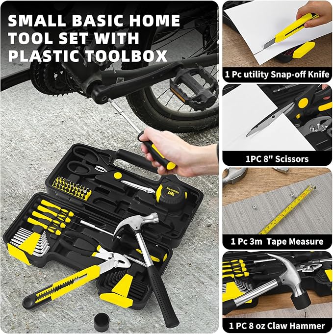 58-Piece Tool Kit Basic Home Repair Tool Set, General Household Hand Tool Kit,Small Tool Kit with Plastic Toolbox Mini Tool kit for Women, Office & College Repairs Yellow