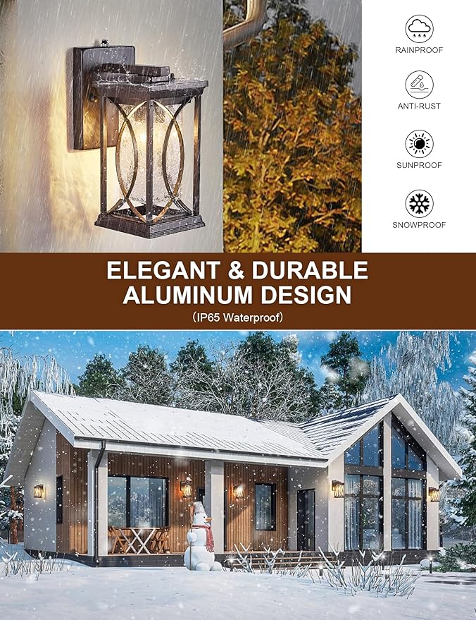 Oil Rubbed Bronze Porch Light Dusk to Dawn Outdoor Wall Lantern Small Modern Exterior Light Fixture Aluminum with Crack-Like Glass IP65 Waterproof Outdoor Sconce Outside Light for House, Front Door