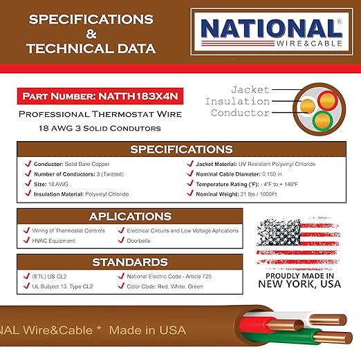 18/3 100Ft. NATIONAL Wire&Cable Thermostat Doorbell HVAC Heating Control Professional Cable Wire - Made in USA - 100% Solid Copper Conductors, CL2 ETL Listed, Low Voltage Applications Use