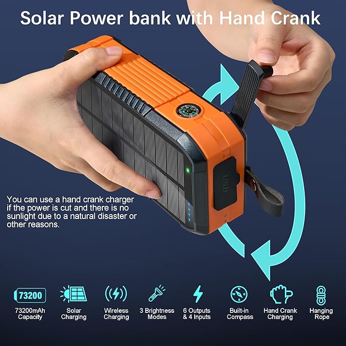 Solar Charger Wireless Power Bank 73200mAh Built in 2 Cables and Hand Crank, Portable Charger 22.5W Fast Charger 6 Outputs & 4 Inputs External Battery Pack with Bright Flashlight and Compass