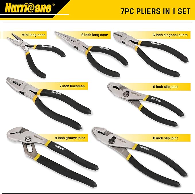 HURRICANE 7-Piece Pliers Set - 8 Inch Groove Joint, Slip Joint, 7 Inch Linesman, 6 Inch Diagonal, Long Nose, Mini Long Nose for DIY & Home Use