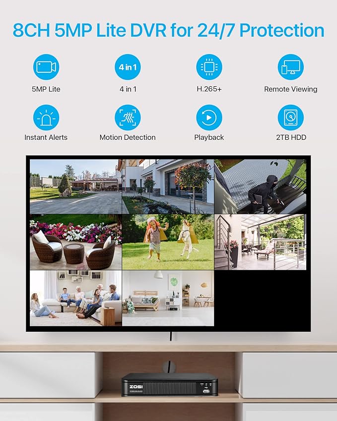 ZOSI 1080P H.265+ Home Security Camera System with AI Human Vehicle Detection, 5MP 3K Lite 8 Channel CCTV DVR Recorder with 2TB Hard Drive and 8 x 1080p Surveillance Bullet Camera Outdoor Indoor