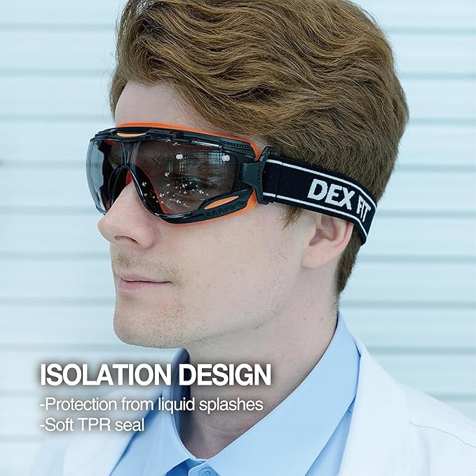 DEX FIT Protective Safety Goggles SG220; Anti Fog & Scratch, Z87 Eye Protection for Work, Adjustable for Women and Men, (Black & Orange Frame, Tinted Lens, 19cm Strap)