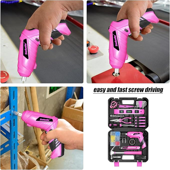 SOLUDE Pink Tool Set,130 Piece Home Tool Kit for Women with 3.6V Cordless Rechargeable Screwdriver,Basic Toolkits for New House,Apartment,College Dorm & DIY Projects