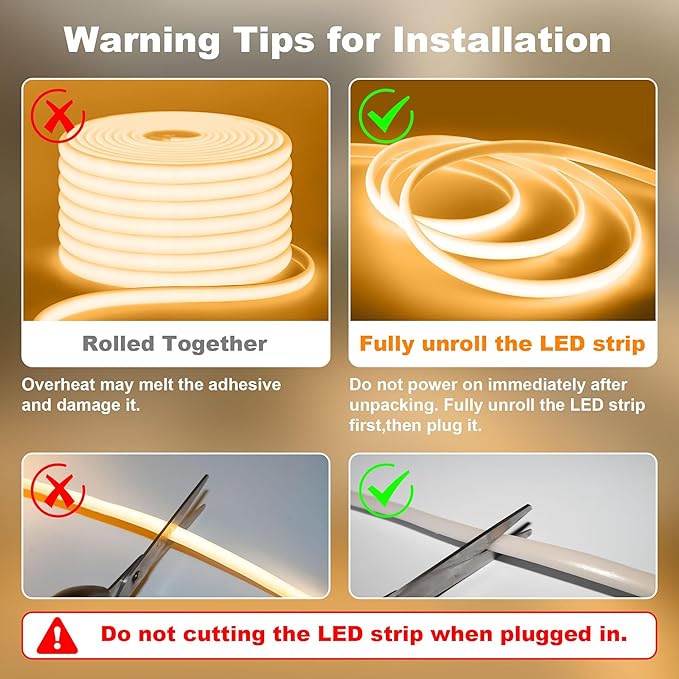 IP67 Waterproof COB LED Strip Lights AC 120V Direct Plug, 66FT Super Bright Outdoor Strip Lights with Double Fuse Controller, 2700K Warm White LED Strips for Garden Patio Commercial Decor