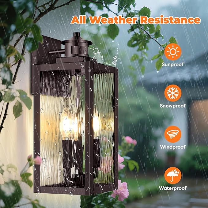3-Light Motion Sensor Outdoor Wall Light, Waterproof Exterior Wall Sconce Light Fixture with Water-Rippled Glass, Dusk to Dawn Brown Outside Wall Lantern for House, Porch, Patio,Bulbs Not Included