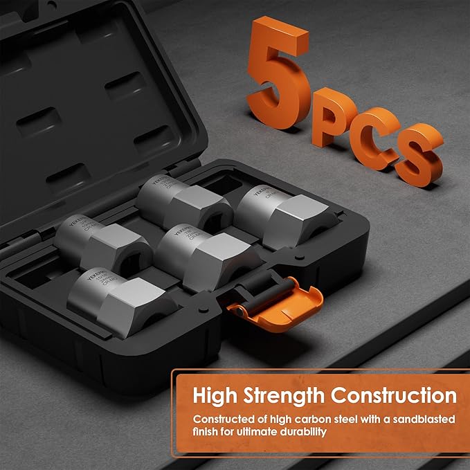5-Piece Heavy Duty Bolt Extractor Set, 1/2" Drive Impact Lug Nut Remover Tool, Large Size 19-25mm for Removing Stripped, Damaged, Rusted Nuts, Bolts, and Studs