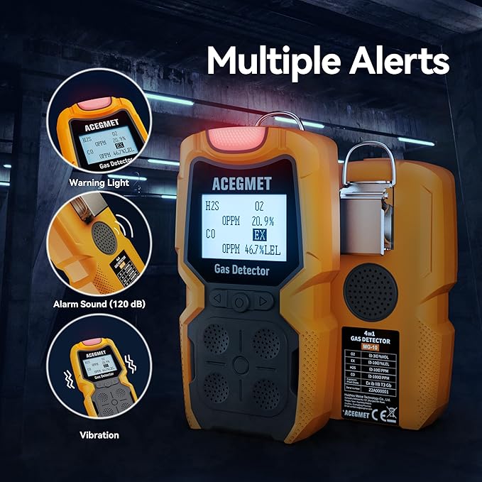 ACEGMET Gas Detector, 4 Gas Monitor Multiple Indicator (Vibration, Audible, Visual) H2S, O2, CO and LEL 4 Gas Monitor Personal Rechargeable 4 Gas Meter 2 Years of Sensor Life Gas Sniffer
