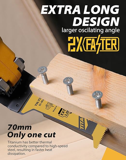 TOLESA 16pcs Extra-Long Titanium Oscillating Tool Blades, Oscillating Saw Blades for Metal, Oscillating Tool Blade Metal, Multi Tool Blades for Wood with Nails, Screws, Plastic Cutting