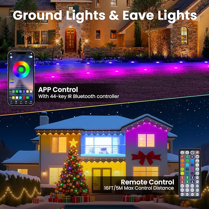 Outdoor Ground Lights and String Lights for Outside, 24V Garden Decorative Lights with Bluetooth Music & Dual Control, Waterproof IP67 RGBCCT Landscape Lighting for Patio Yard (50FT)
