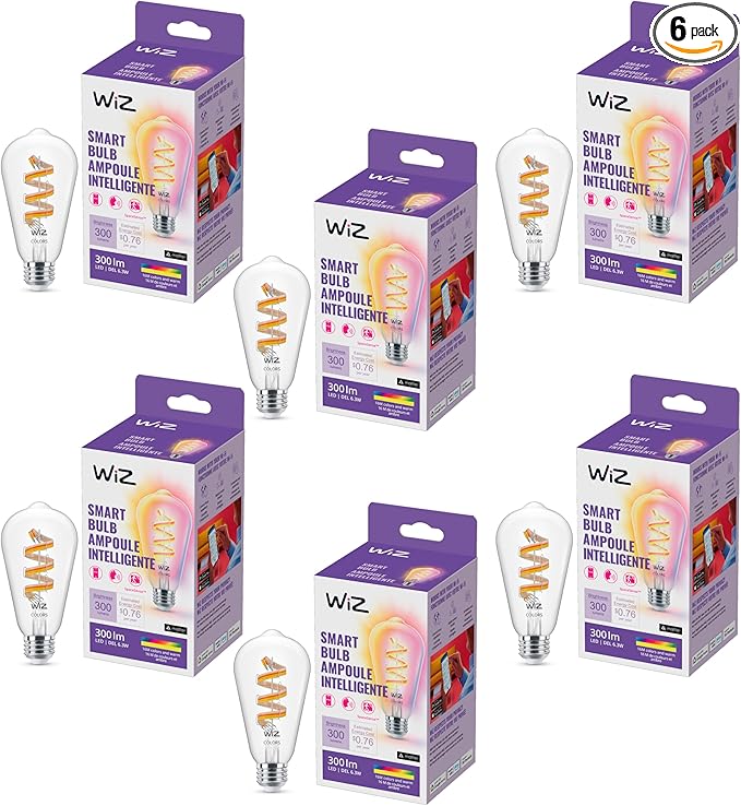 WiZ Color ST19 Color Filament LED Smart Bulb - Pack of 6-300 Lumen - E26 Indoor - Connects to Your Existing Wi-Fi - Control with Voice or App + Activate with Motion - Matter Compatible.