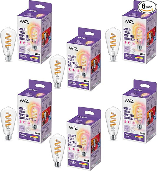 WiZ Color ST19 Color Filament LED Smart Bulb - Pack of 6-300 Lumen - E26 Indoor - Connects to Your Existing Wi-Fi - Control with Voice or App + Activate with Motion - Matter Compatible.