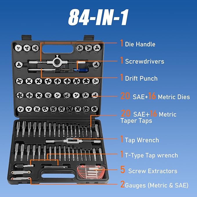 84pc Tap and Die Set in SAE & Metric Sizes, Standard Tap Set and Die Tool Set for Threading and Rethreading Internal and External Threads, M3-M12 Thread Repair Kit