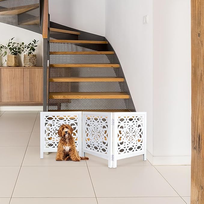 Wooden Freestanding Foldable Dog Gate – 3 Panels, Extra Wide, 24'' Height, Decorative Pet Gate for Doorways, White